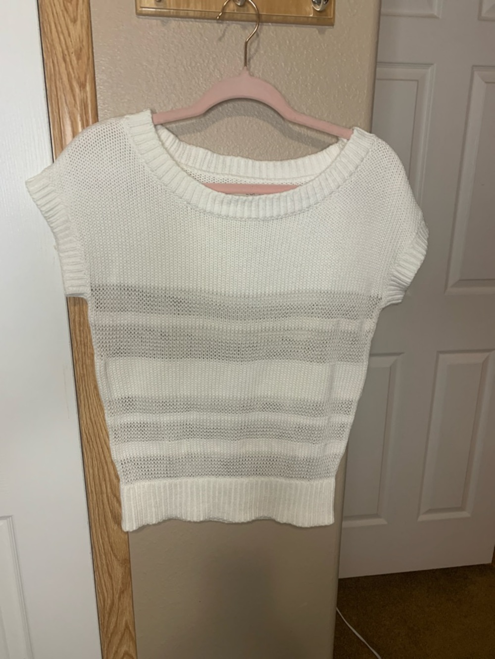 LOFT White Open-Stitch Short Sleeve Sweater